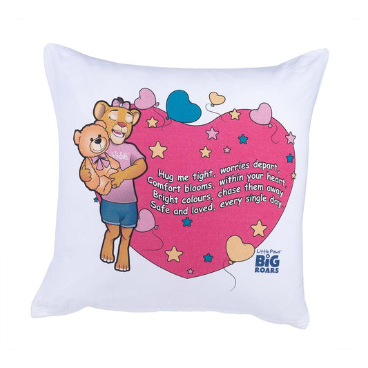 Little Paws, Big Comfort Cushion- Cub friend in pink shirt
