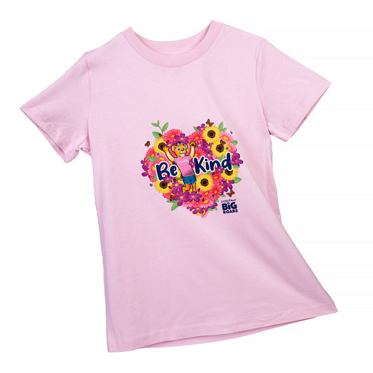 Pink cotton shirt with image of a female lion cub with the word "be kind", with a heart shape made of flowers