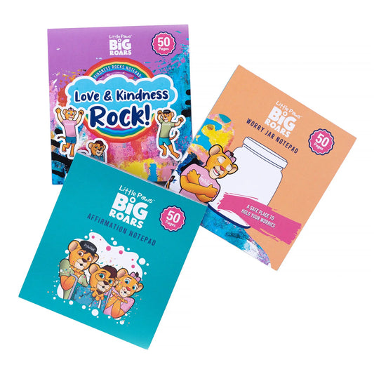 Ignite kindness, positivity, and resilience with the 'Little Paws, Big Roars Notepad Bundle.' These vibrant notepads empower young minds and spread positivity. Perfect for parents, carers, teachers, and children. 